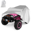 Kids car cover in silver polyester taffeta, weather-resistant, fits various ride-on cars, includes storage bag.