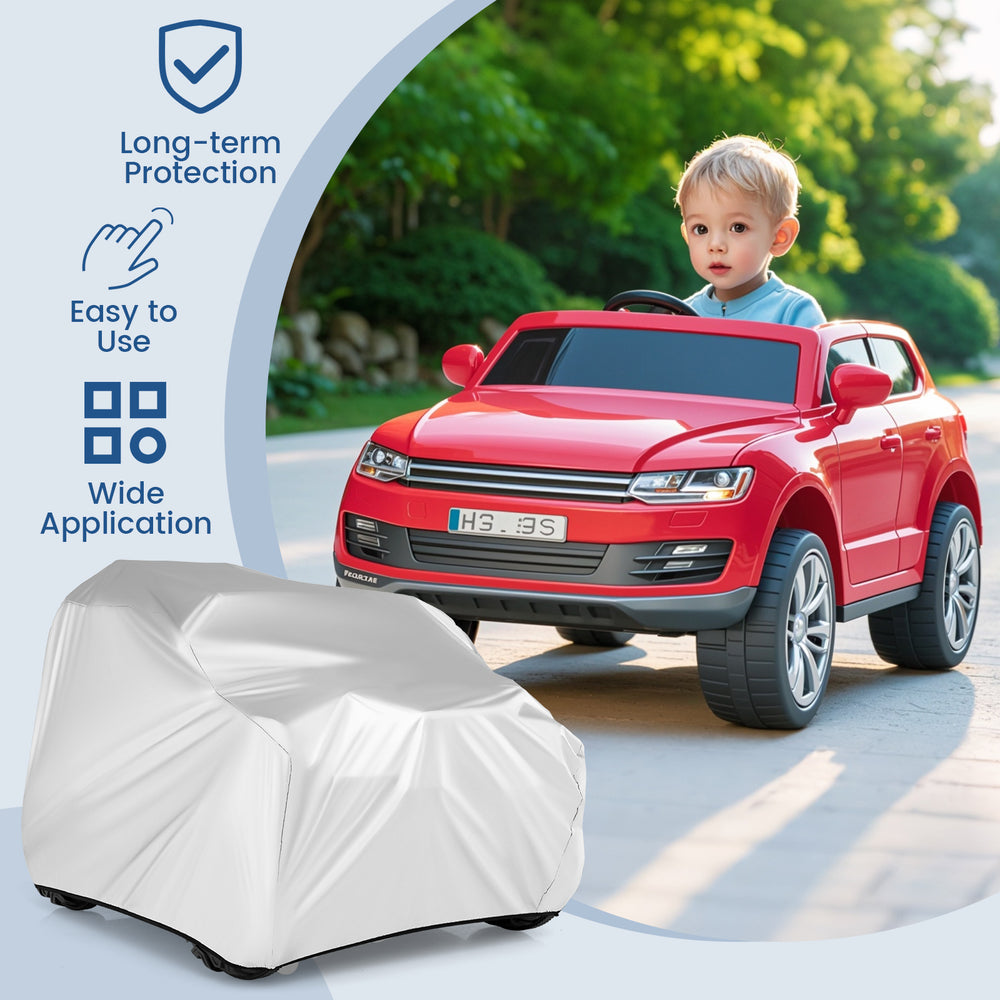 Kids car cover for power ride-on toy, made of weather-resistant silver coated polyester, with storage bag for easy.