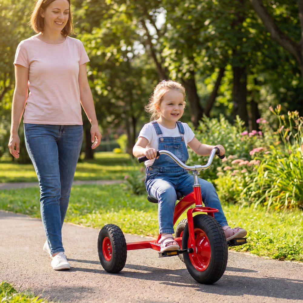 Kids carbon steel bike in red with 15-inch inflatable rubber tires, perfect for outdoor riding and stability.