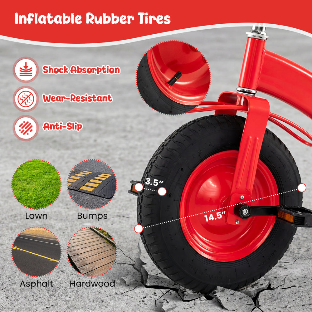 Close-up of the 15-inch inflatable rubber tire on a kids' carbon steel bike, designed for stability and shock.