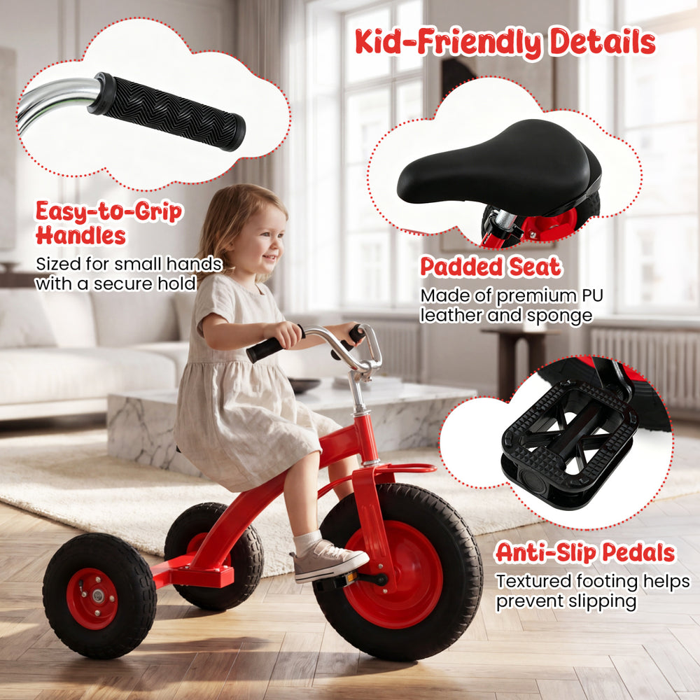 Kids carbon steel bike in red with padded seat, anti-slip pedals, and easy-to-grip handles for a secure ride.