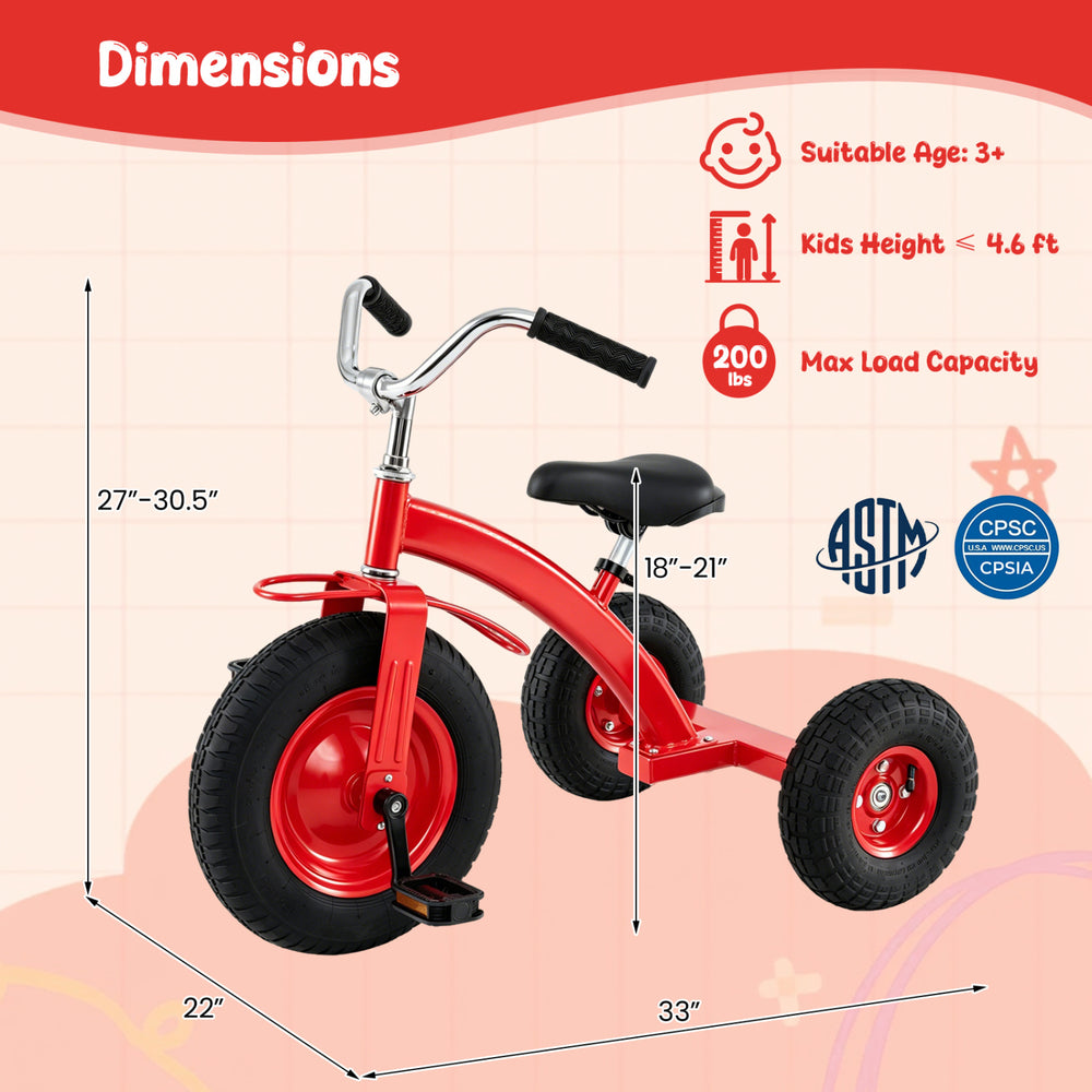 Kids carbon steel bike in red with 15-inch inflatable rubber tires, adjustable seat, and handlebar for stability and comfort.