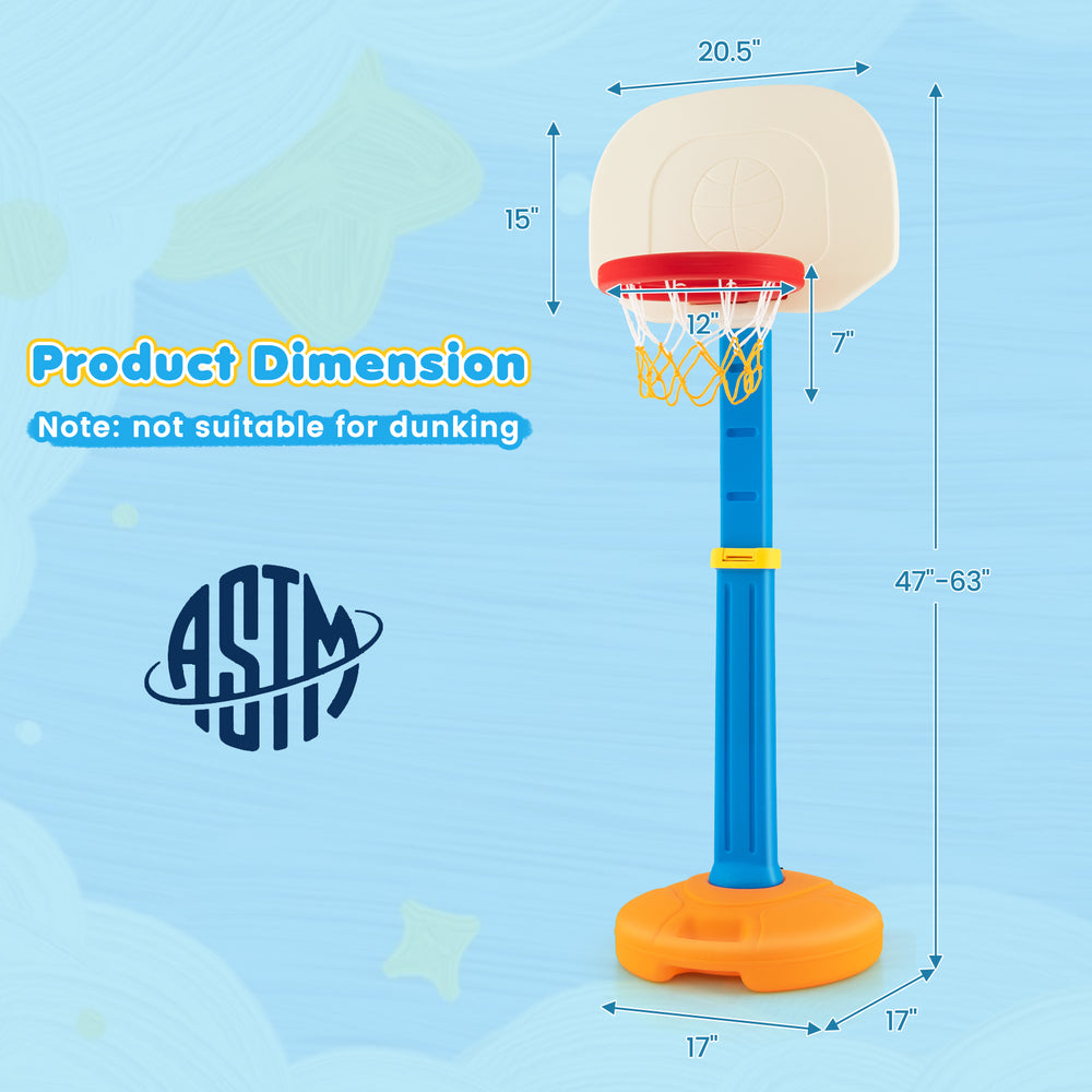 Height adjustment feature of the Kids Basketball Hoop Stand, showcasing range from 47" to 63" for versatile play.