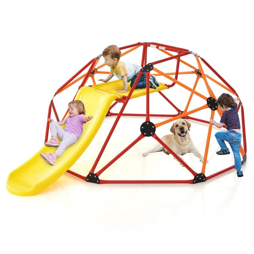 Kids climbing dome with slide and fabric cushion in orange, featuring a sturdy frame for outdoor play and safety.