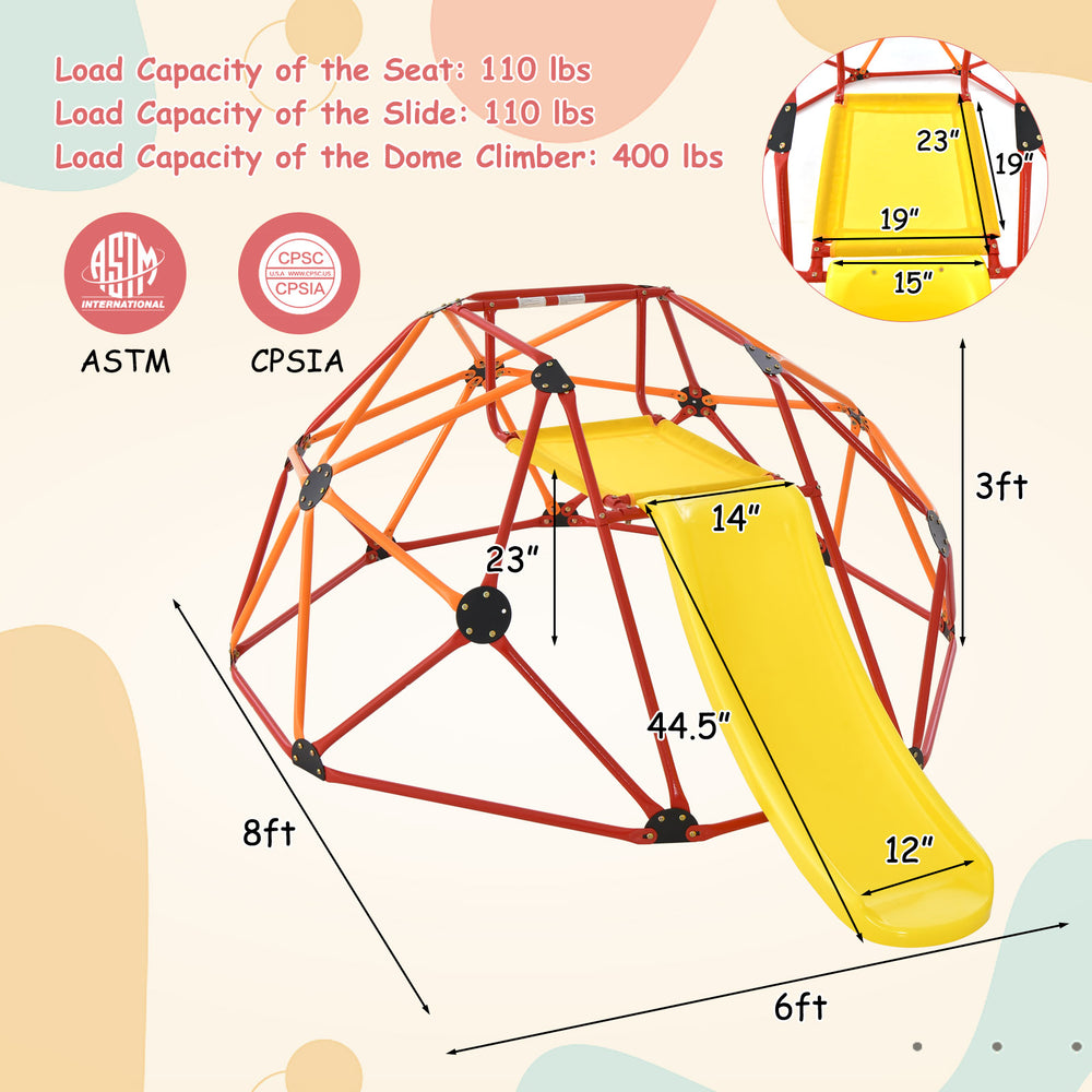 Kids climbing dome with slide, orange rust-resistant steel frame, 8ft height, perfect for garden play and motor skill.