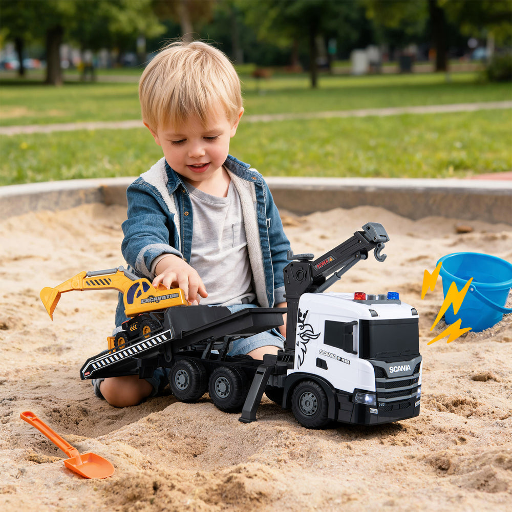 Scania construction truck set with sounds and lights features a tilting flatbed and adjustable digging arm for kids' play.