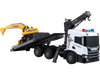 Scania construction truck set features sounds, lights, adjustable arm, and tilting flatbed for immersive roleplay fun.