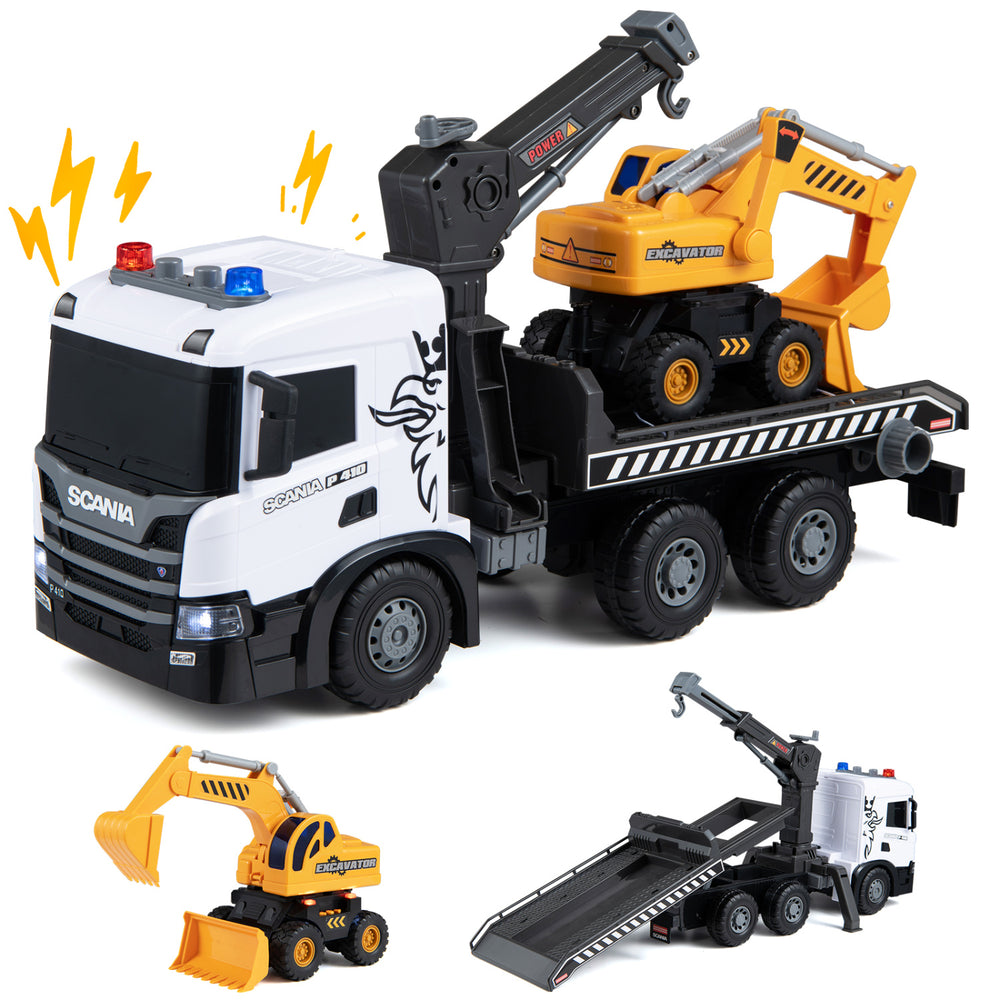 Licensed Scania construction truck set features lights, sounds, adjustable arm, and a tilting flatbed for immersive play.