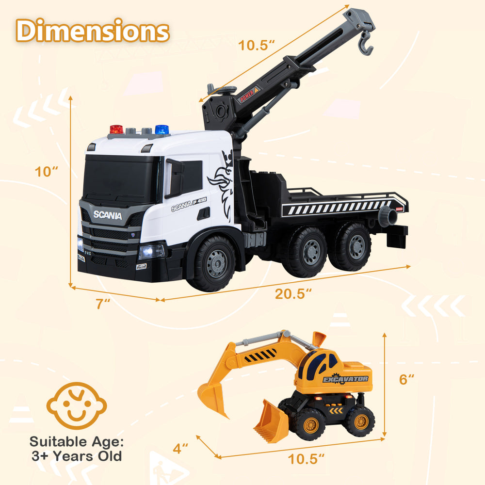 Licensed Scania construction truck set features lights, sounds, adjustable arm, and is ideal for kids aged 3 and up.