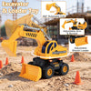 Excavator and loader toy with adjustable arm, 360° rotating cab, and lights for immersive construction play.