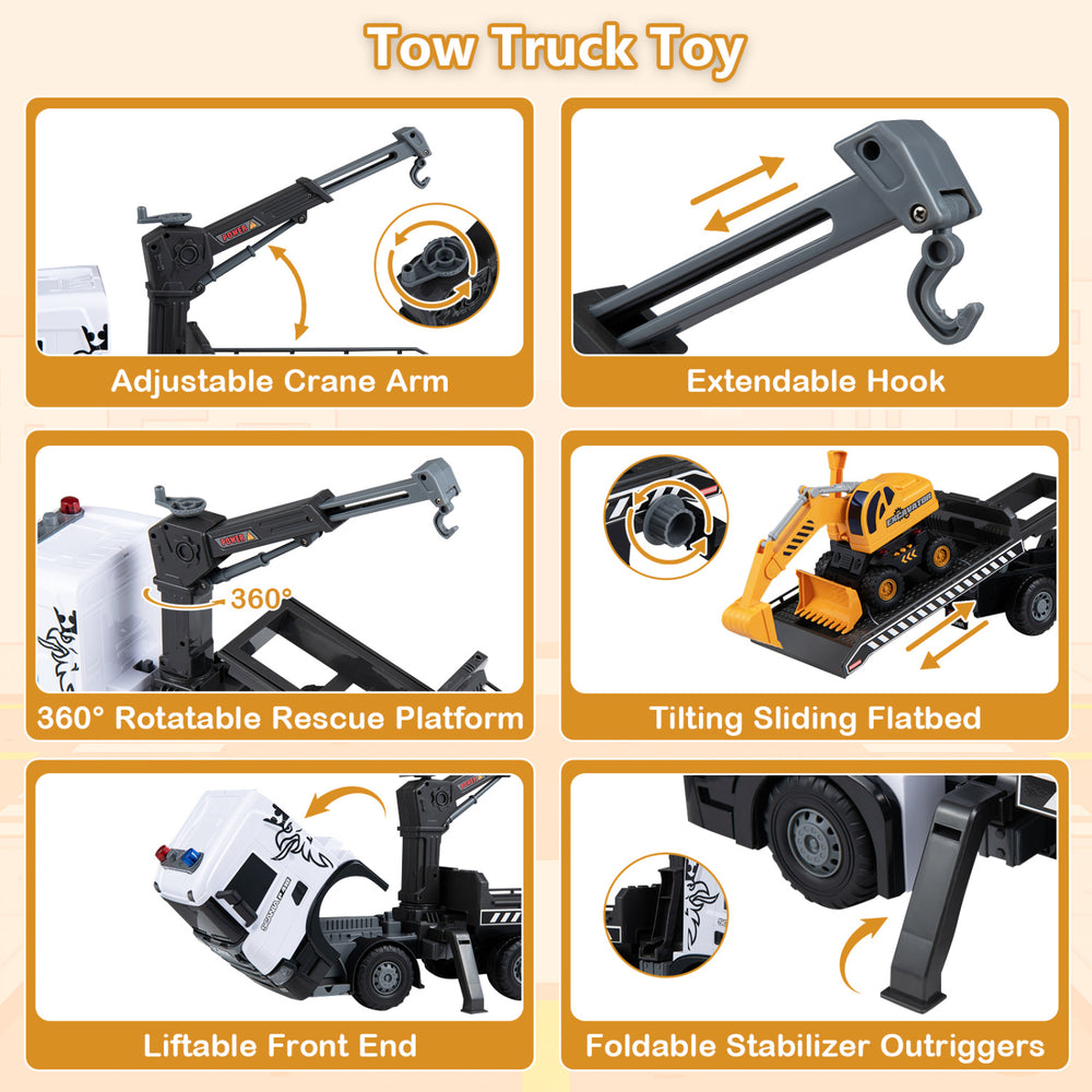 Licensed Scania construction truck toy features an adjustable crane arm, extendable hook, and 360° rotatable platform for kids.