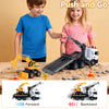 Licensed Scania construction truck set with sounds and lights features adjustable arm and push-and-go design for kids' play.