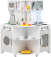 Kids corner wooden play kitchen in gray with range hood, stoves, and engaging lights for imaginative play.