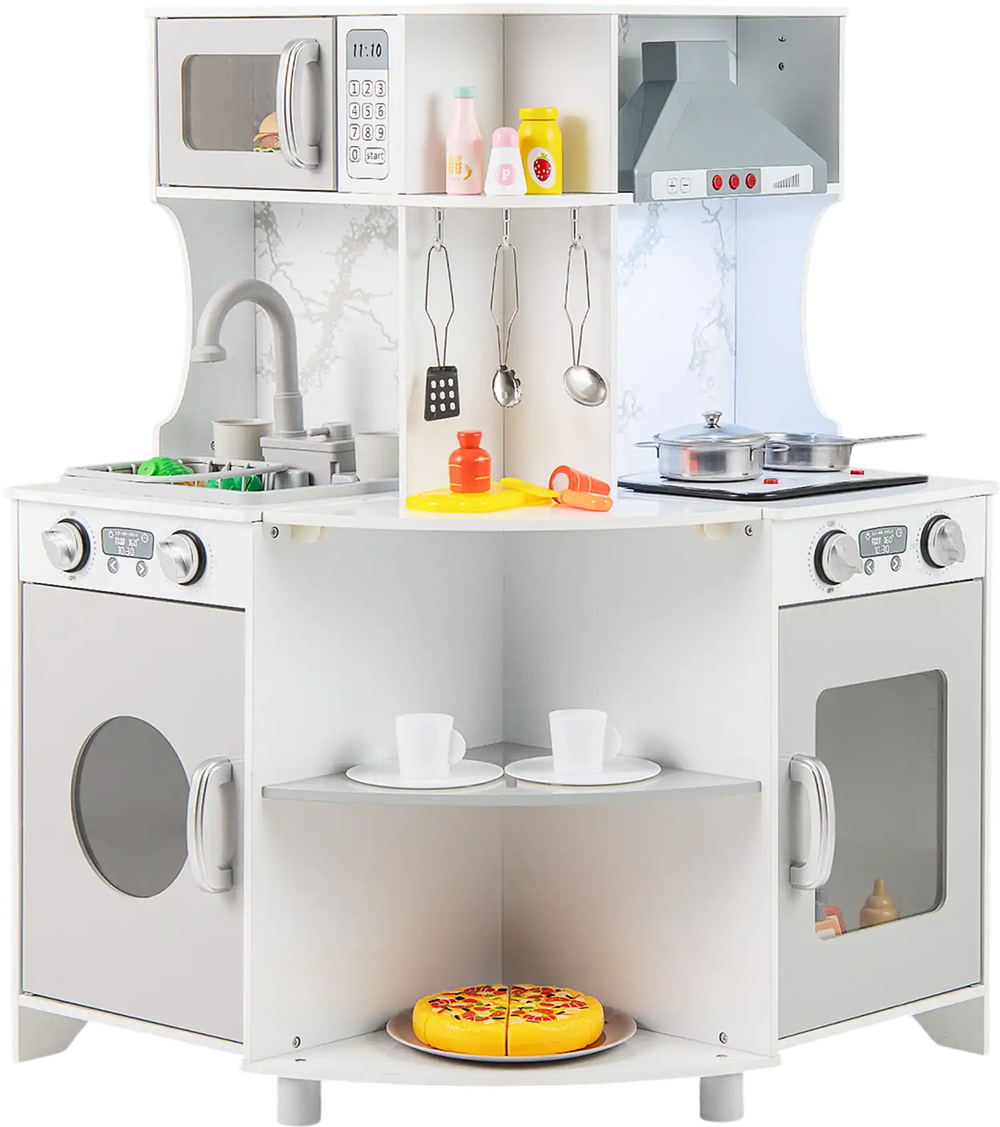 Kids corner wooden play kitchen in gray with range hood, stoves, and engaging lights for imaginative play.