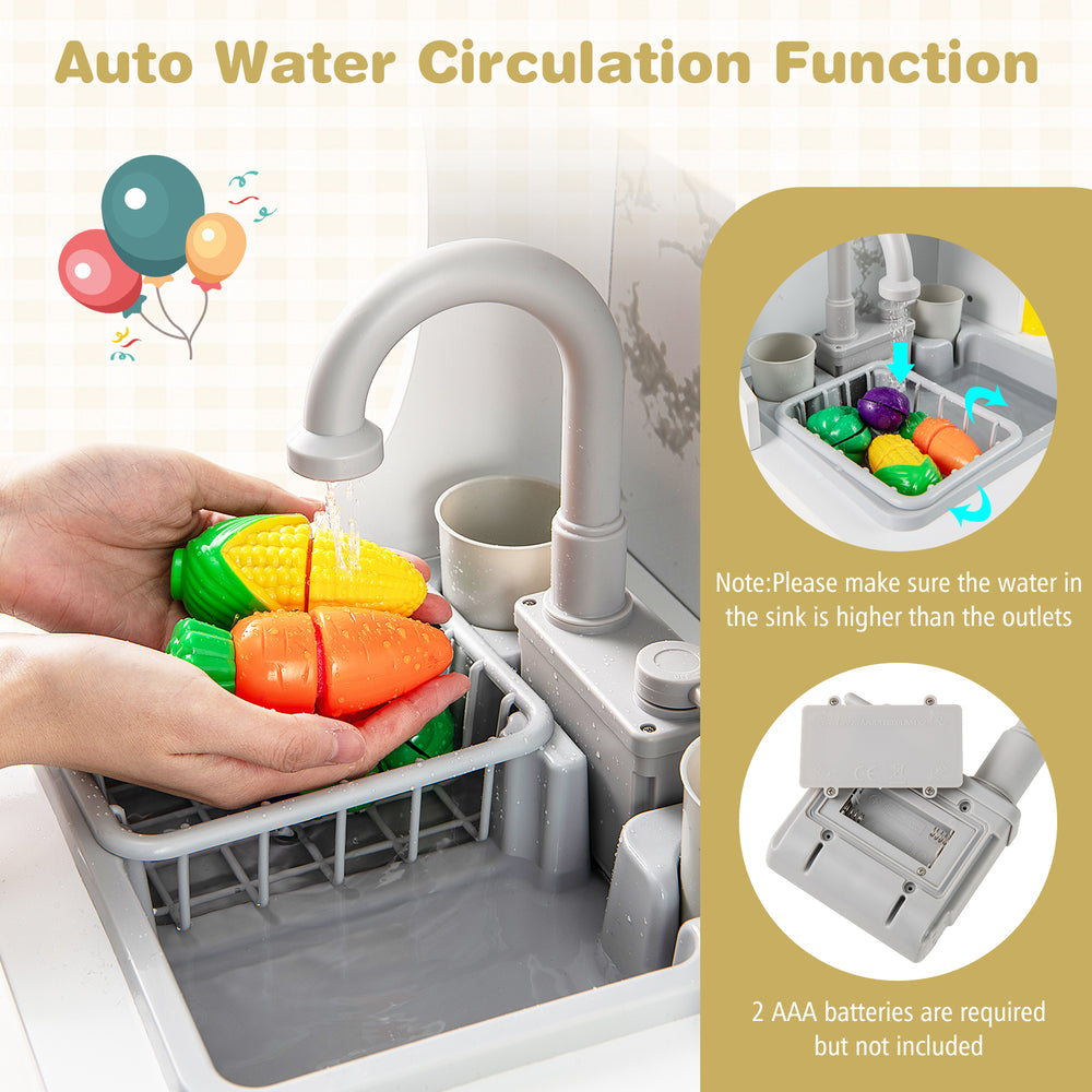 Kids corner wooden play kitchen with auto water circulation function, featuring colorful food items for realistic play.