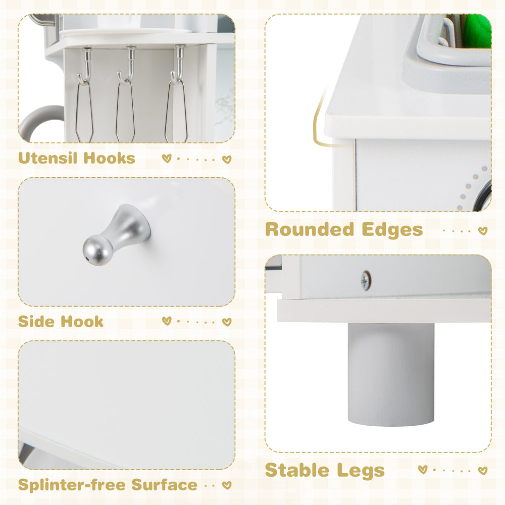 Detail of the Kids Corner Wooden Play Kitchen showing utensil hooks, rounded edges, and splinter-free surface for.