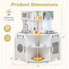 Kids corner wooden play kitchen in gray with range hood, stoves, and various accessories for imaginative play.