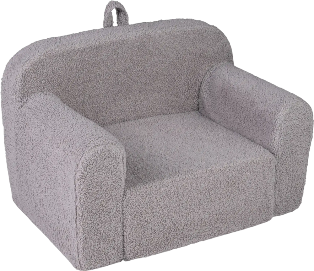 Gray kids couch portable toddler sofa made of soft teddy fleece with anti-slip base, perfect for playrooms and bedrooms.