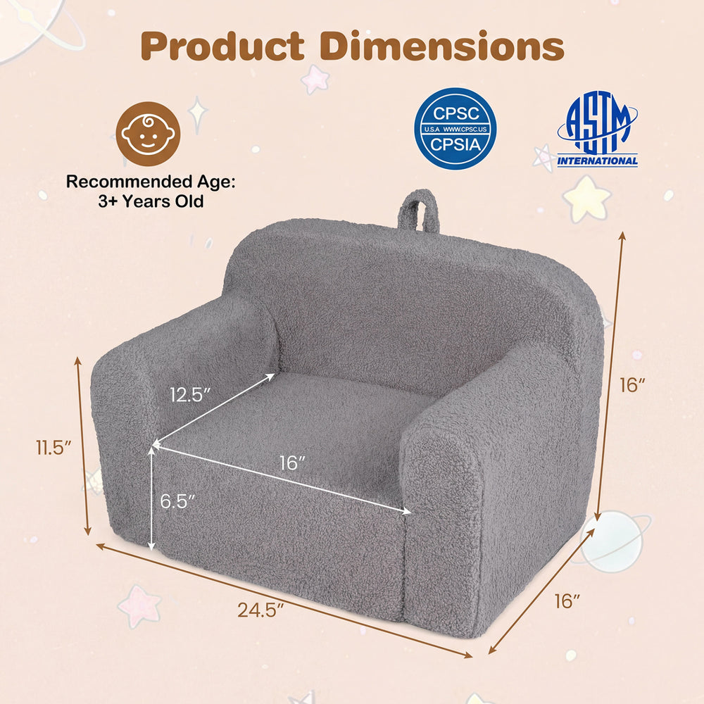 Kids couch dimensions showing a gray portable toddler sofa with anti-slip base, perfect for cozy seating in playrooms.