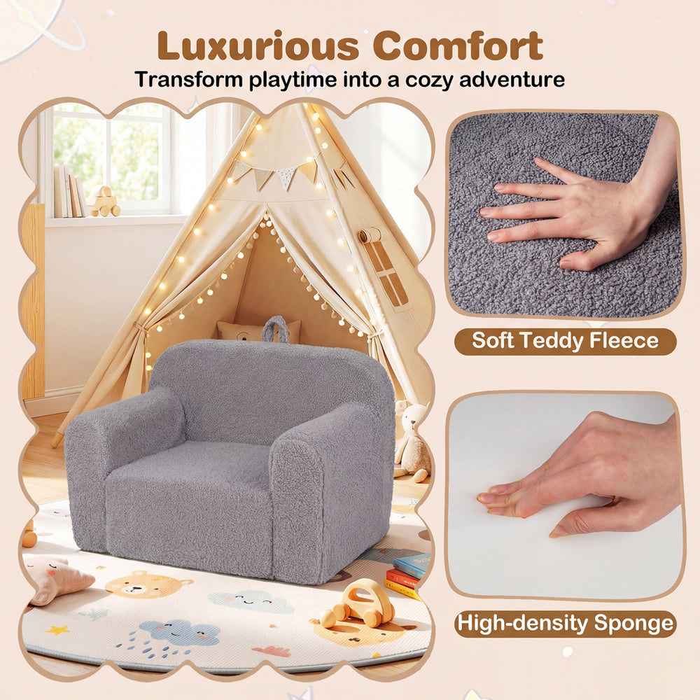 Kids couch in gray teddy fleece with wide backrest and armrests, perfect for cozy playtime in any room.
