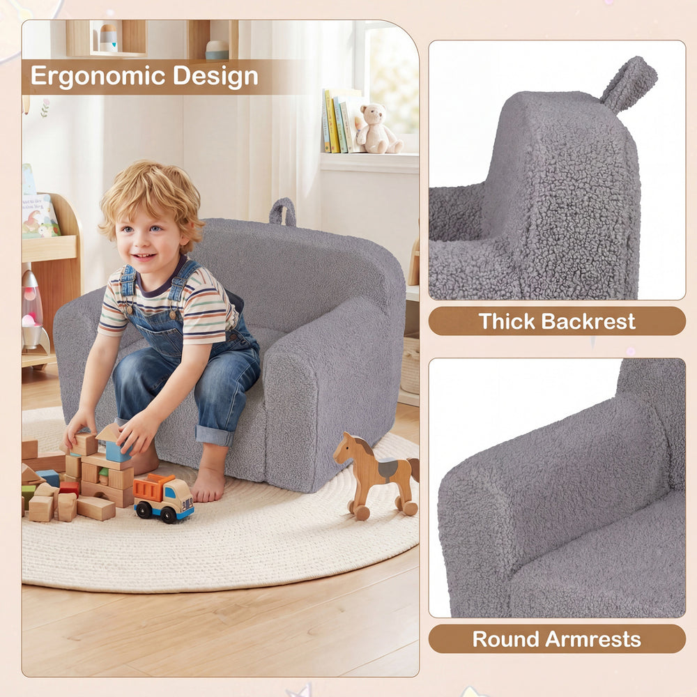 Kids couch in gray teddy fleece with thick backrest and round armrests, perfect for cozy playtime in any room.