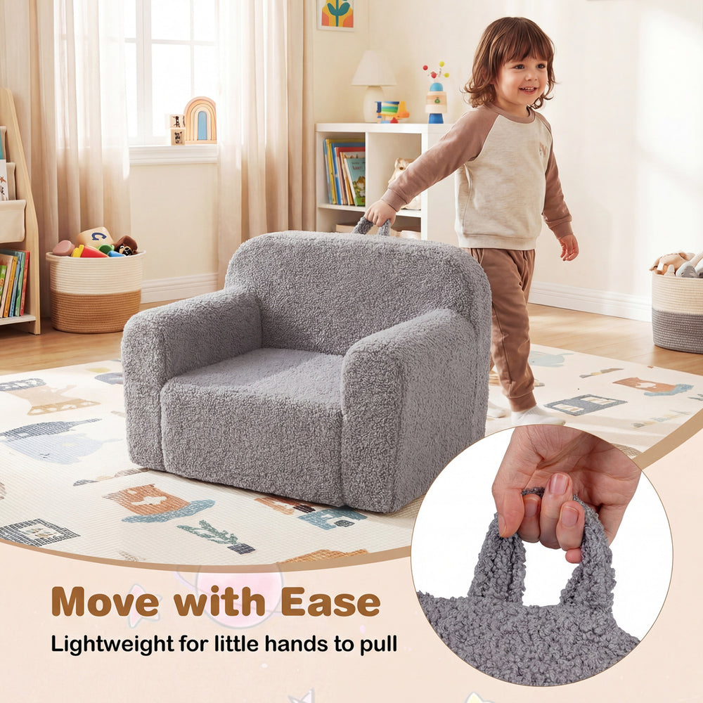 Kids couch in gray teddy fleece with carry handle, designed for comfort and easy movement for toddlers.