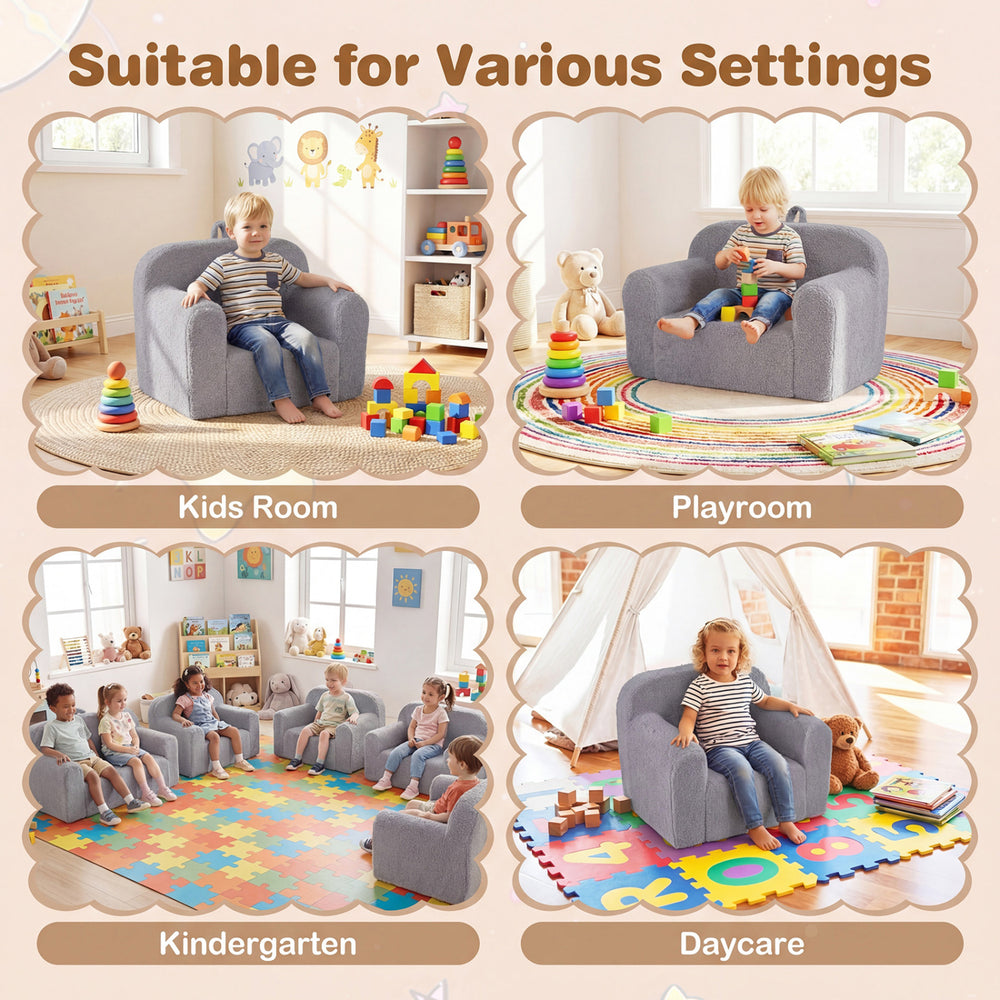 Gray kids couch with wide backrest and armrests, perfect for playrooms, daycare, and cozy seating for toddlers.
