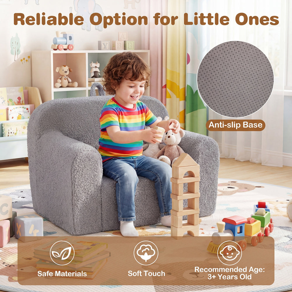 Kids couch in gray with teddy fleece fabric, featuring an anti-slip base, ideal for toddlers aged 3 and up.