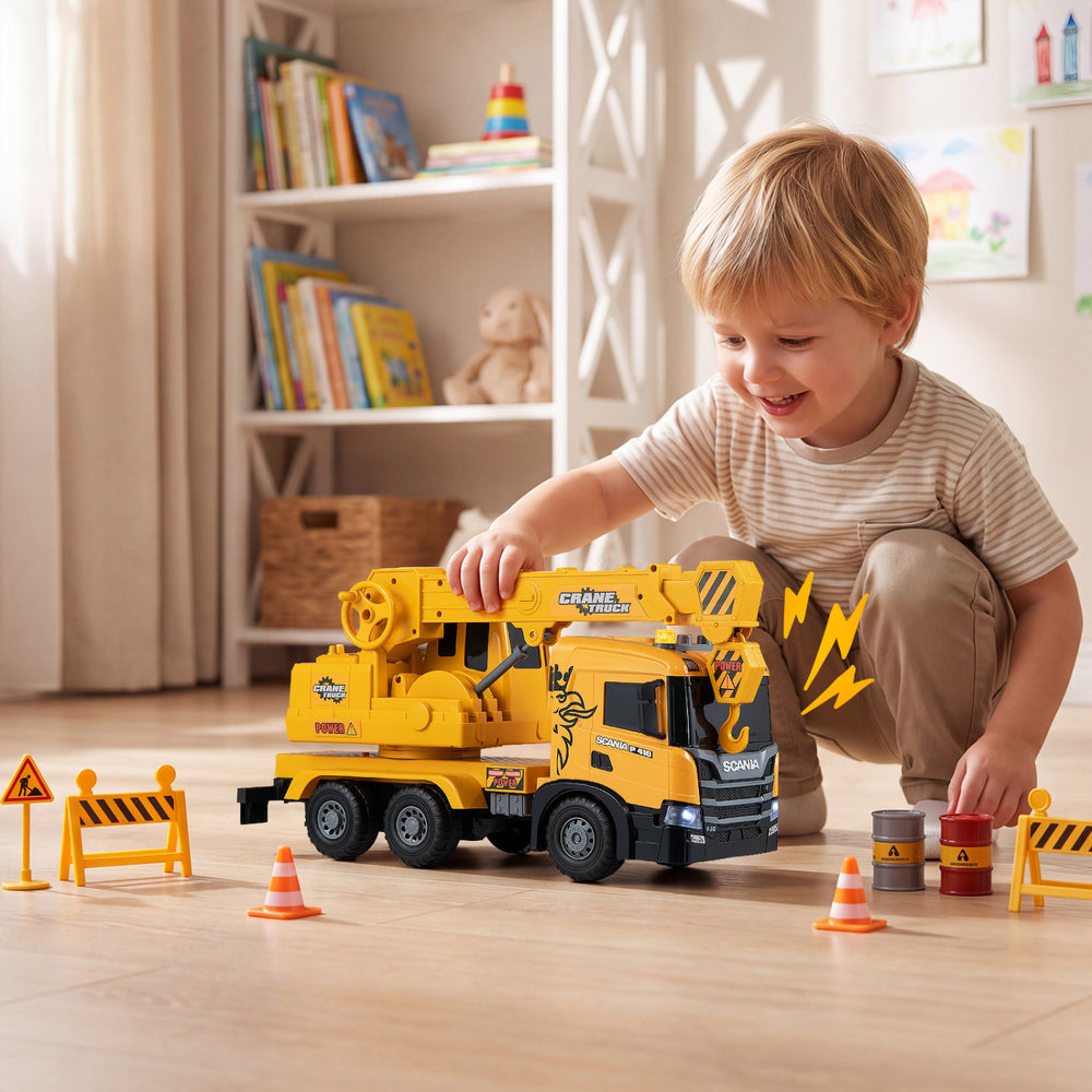Licensed Scania crane truck toy features extendable arm, lights, sounds, and 360° rotating cabin for immersive play.