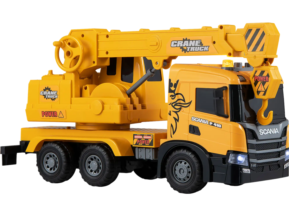 Licensed Scania crane truck toy features an extendable arm, rotating cabin, lights, and sounds for immersive play.