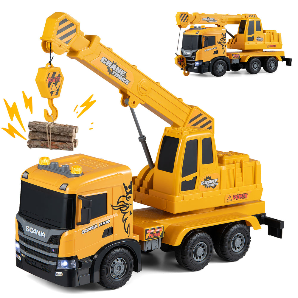 Licensed Scania crane truck toy showcases a detailed design with a push-button lift feature for engaging playtime experiences.