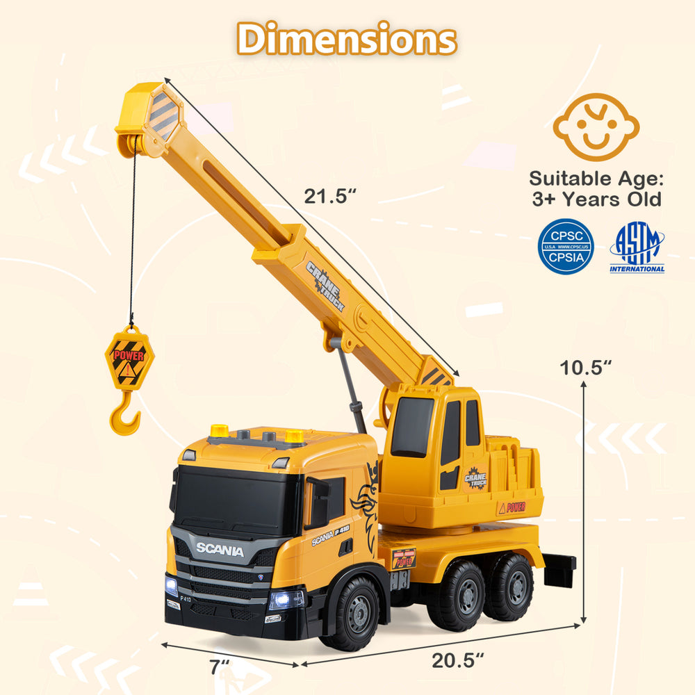 Licensed Scania crane truck toy features extendable arm, 360° rotating cabin, lights, and sounds for immersive play.
