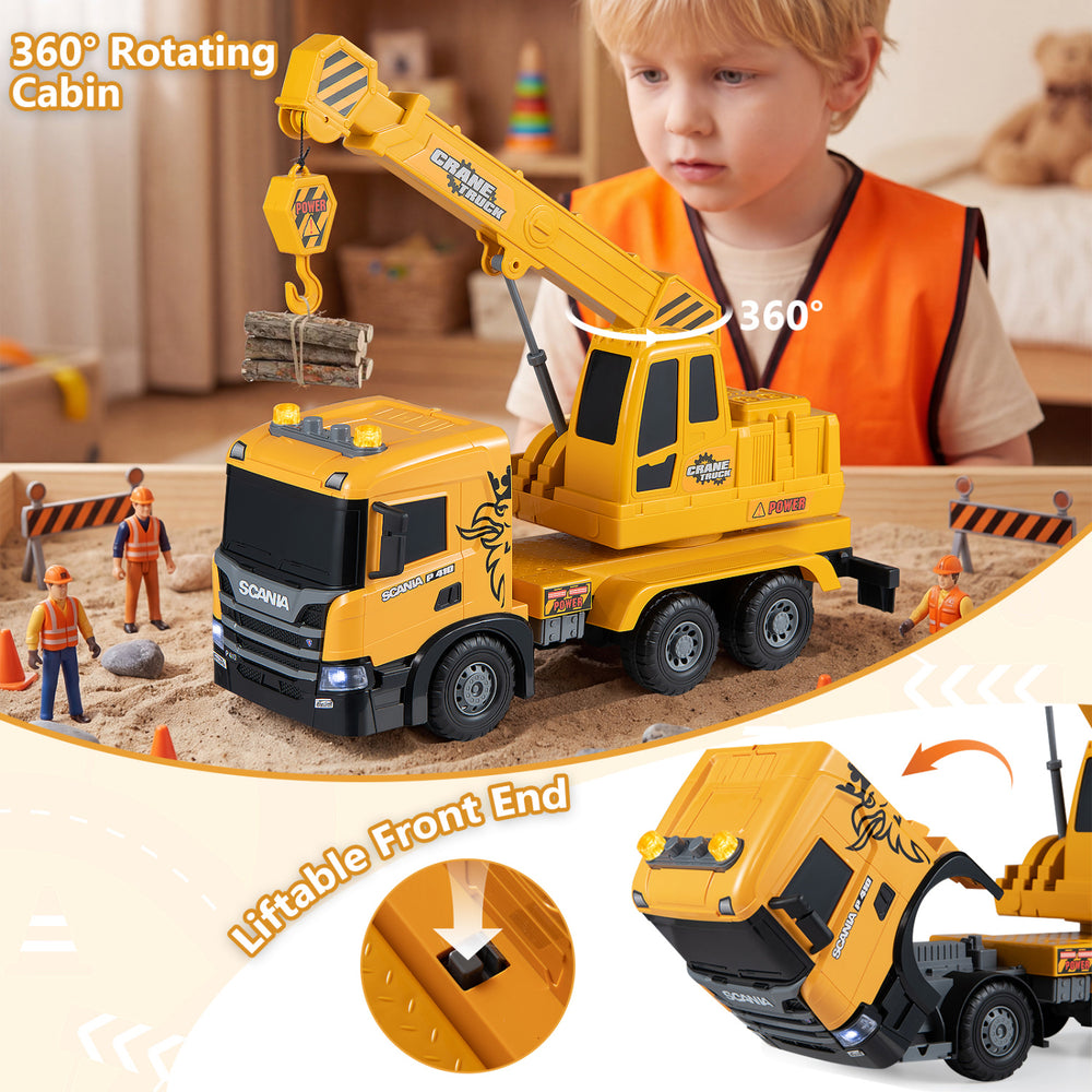 Licensed Scania crane truck toy features a 360° rotating cabin, extendable arm, lights, and sounds for immersive play.