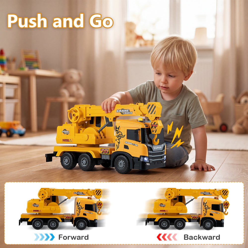 Licensed Scania crane truck toy features extendable arm, lights, sounds, and push-and-go design for kids' fun.