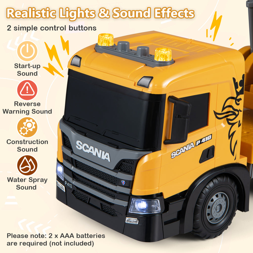 Licensed Scania crane truck toy features realistic lights and sounds, extendable arm, and 360° rotating cabin for kids.