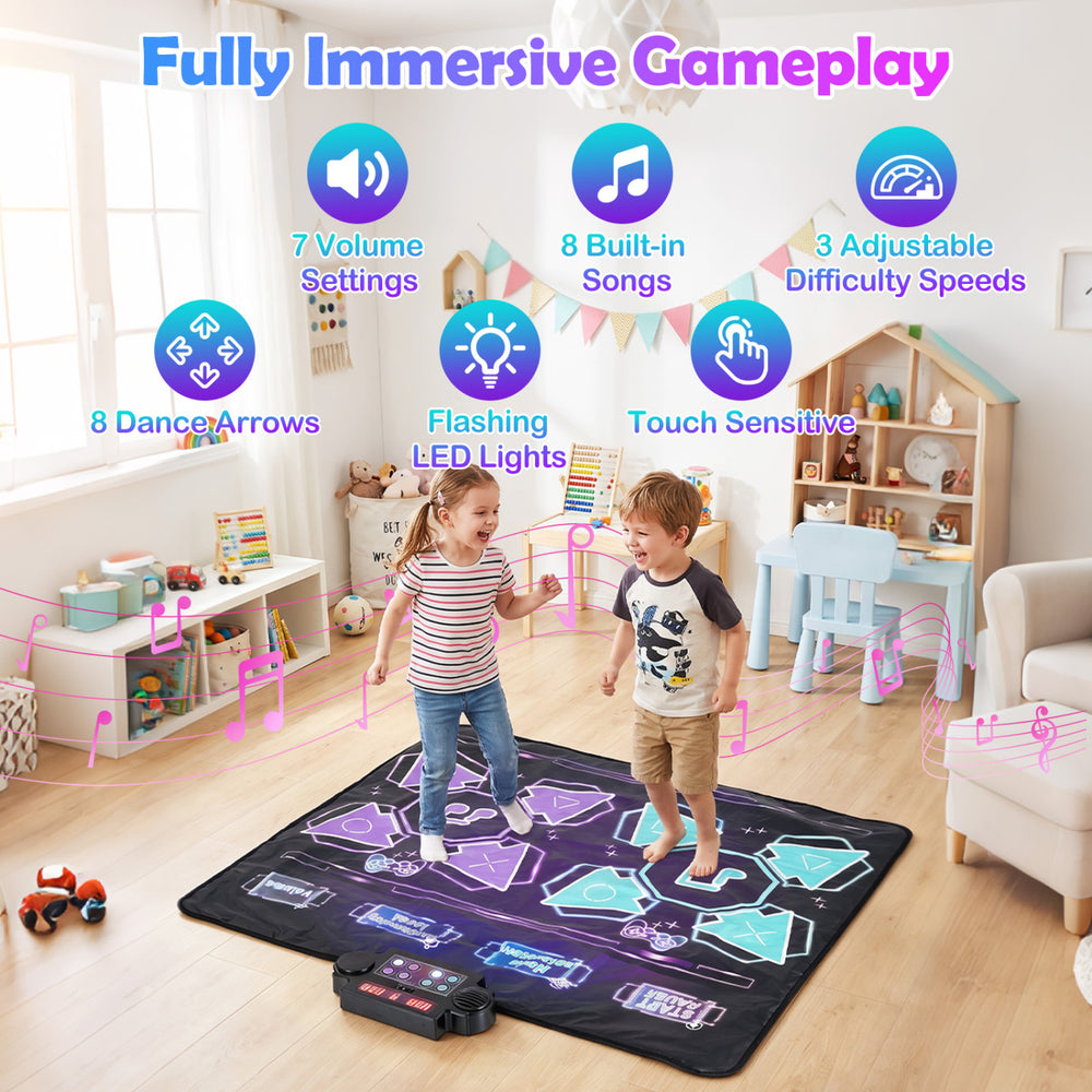 Kids dance mat featuring 8 songs, 4 gameplay modes, and flashing LED lights for interactive fun and skill development.