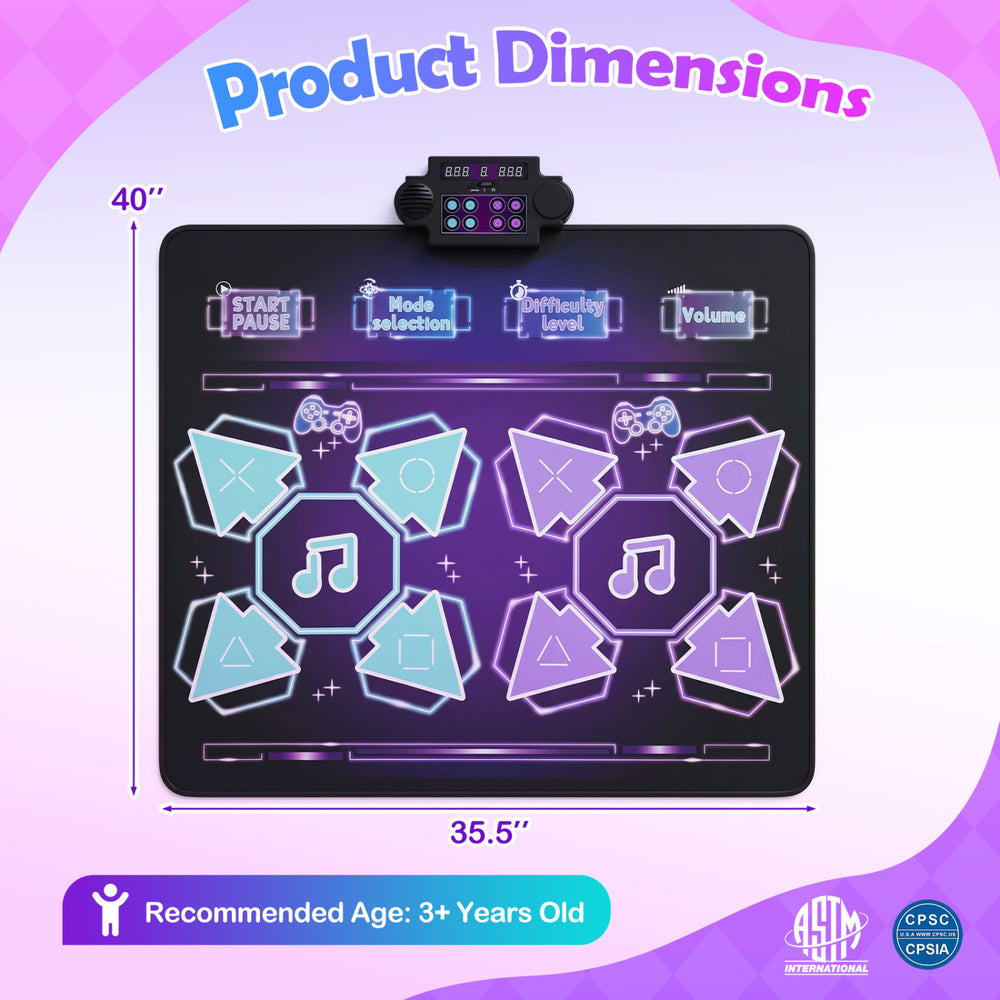 Electronic kids dance mat featuring 8 levels, 4 modes, and LED lights for interactive play and skill development.