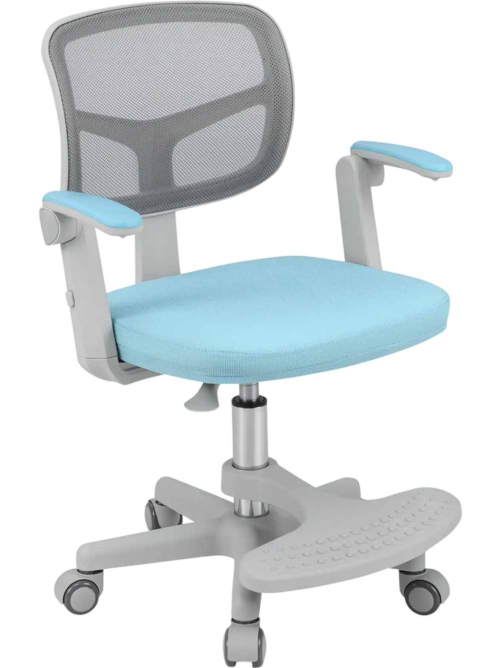 Kids desk chair in blue with a swivel seat, wide adjustable footrest, and ergonomic mesh back for improved air.