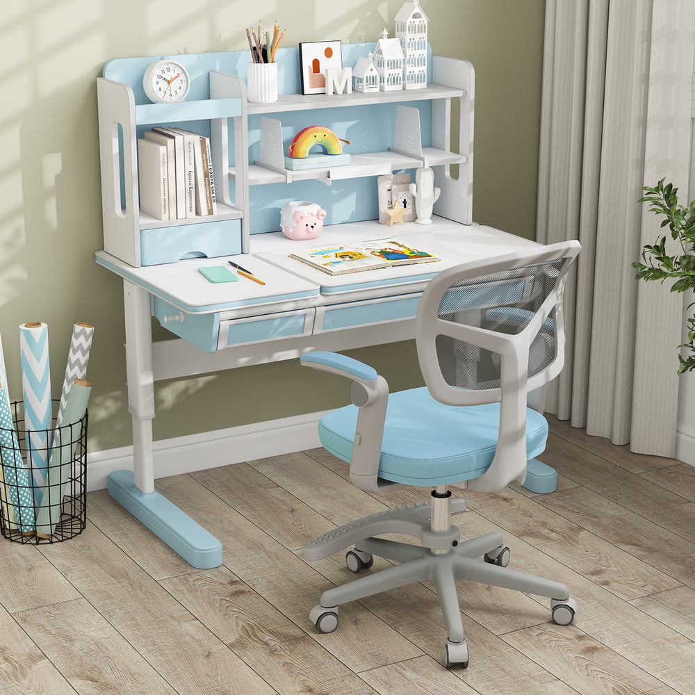 Kids study chair in blue with adjustable height, armrests, and footrest, designed for comfort and ergonomic support.