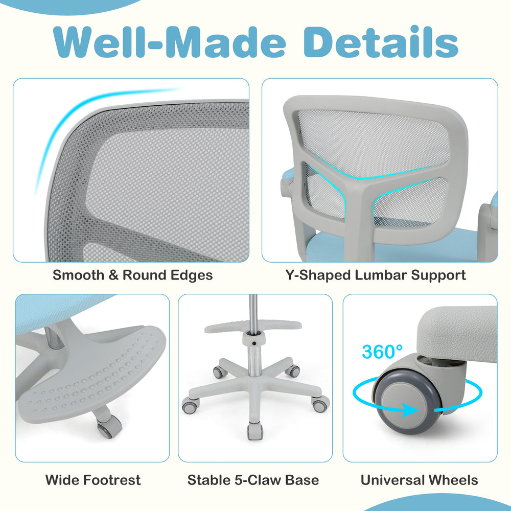 Kids desk chair featuring a mesh backrest, adjustable armrests, and universal wheels for comfortable study sessions.