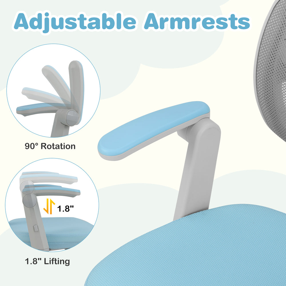 Adjustable armrests of the blue kids desk chair with 90° rotation and 1.8" lifting for ergonomic comfort.