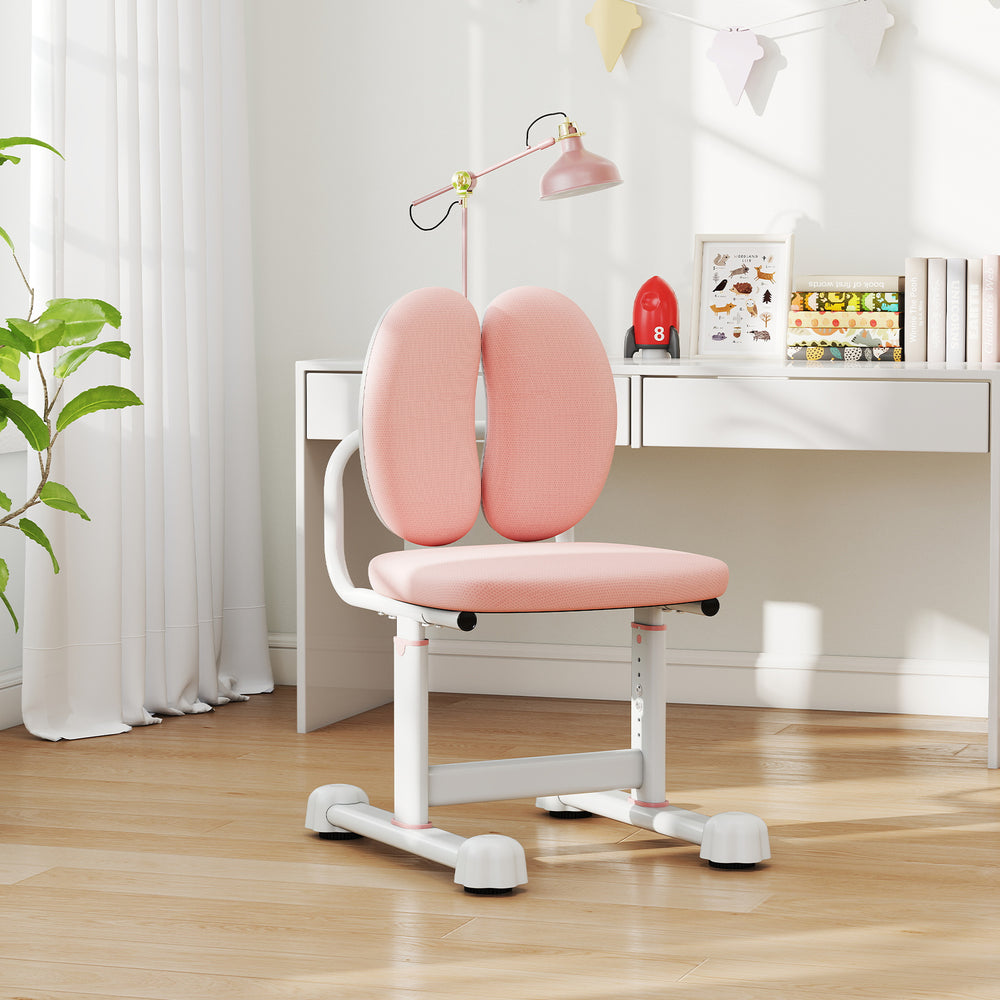 Kids desk chair in pink with dual back support, adjustable height, and sturdy metal frame for studying and reading.