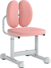 Kids desk chair in pink with dual back support, adjustable height, and sturdy metal frame for studying and drawing.