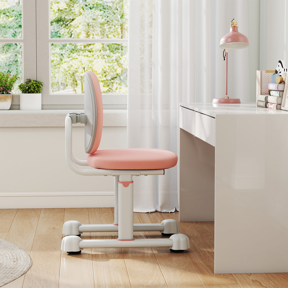 Kids desk chair in pink with dual back support, adjustable height, and sturdy frame, ideal for studying and writing.