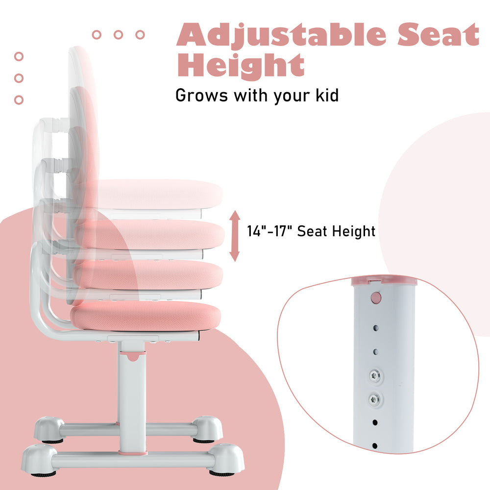 Kids desk chair in pink with adjustable seat height from 14" to 17", designed for ergonomic support and durability.