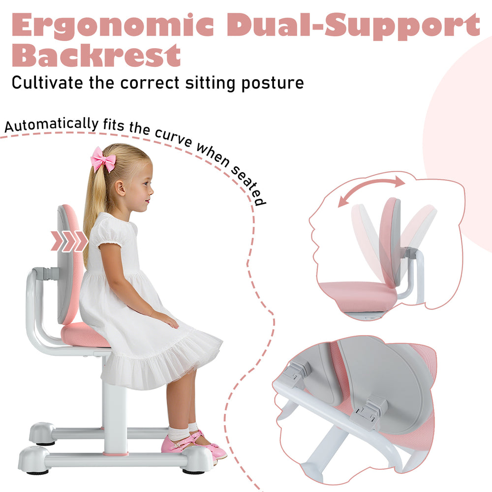 Kids desk chair in pink with ergonomic dual-support backrest, adjustable height, ideal for studying and reading.