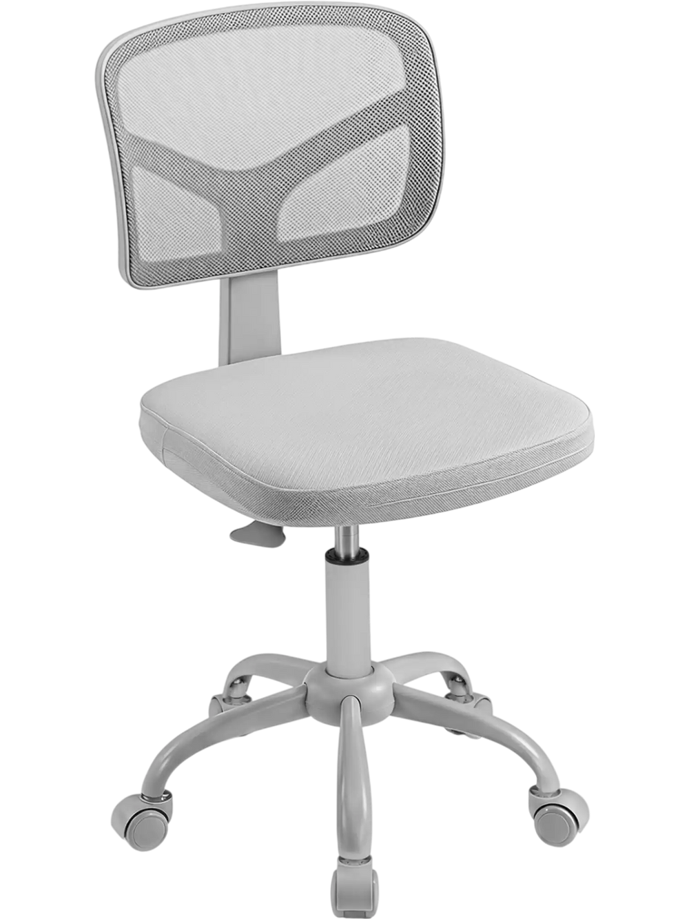 Kids desk chair in gray highlights a breathable mesh backrest and a sturdy five-claw base for stability and safety.