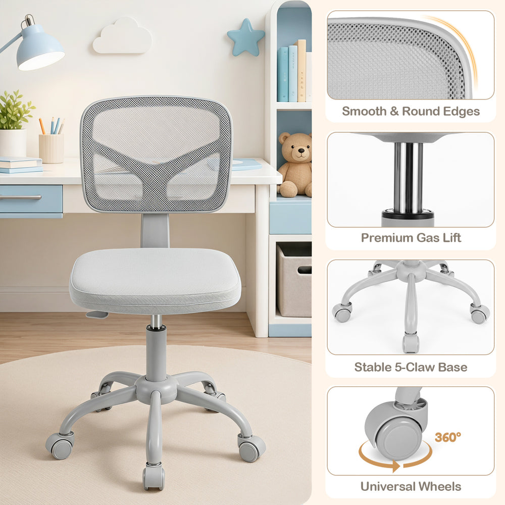 Kids desk chair in gray with adjustable height, breathable mesh backrest, and universal wheels for easy movement.