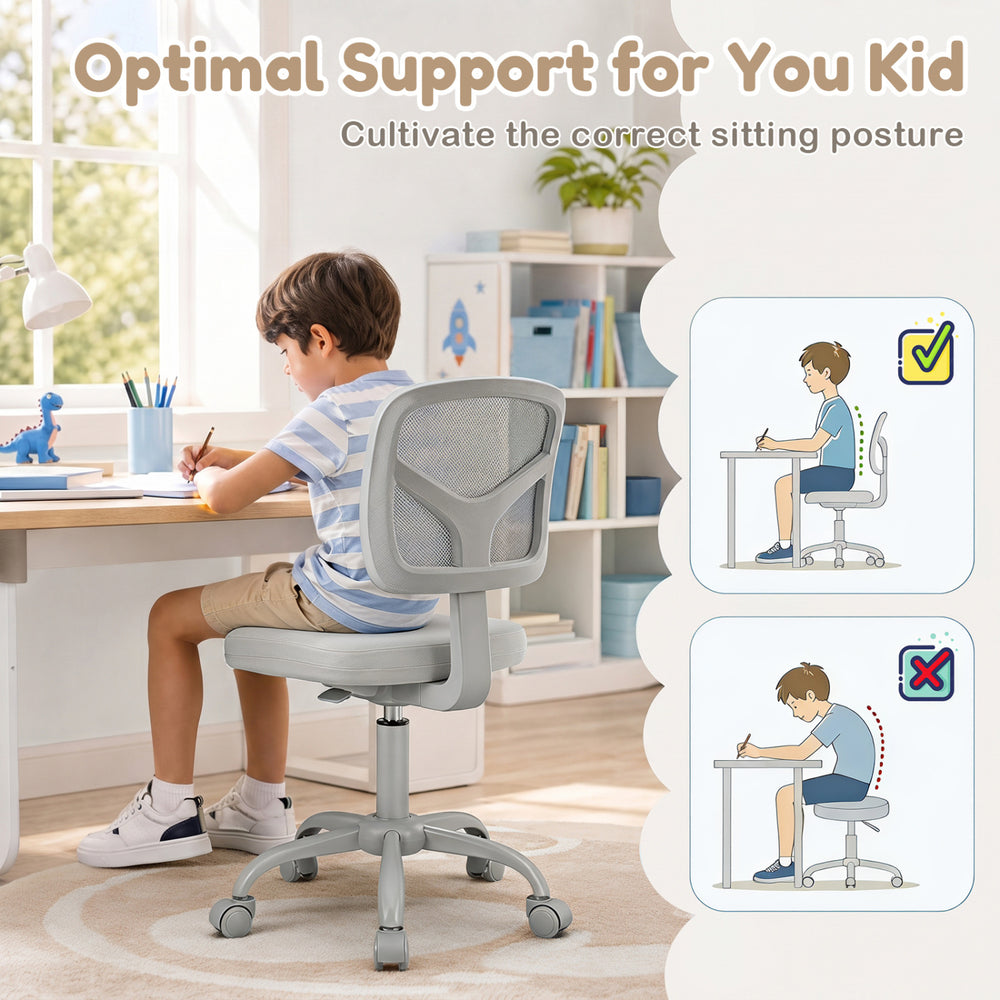 Kids desk chair in gray with adjustable height, ergonomic design, and breathable mesh backrest for optimal comfort.