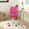 Ergonomic pink children’s study chair with adjustable height, breathable mesh back, and smooth-rolling casters for easy.